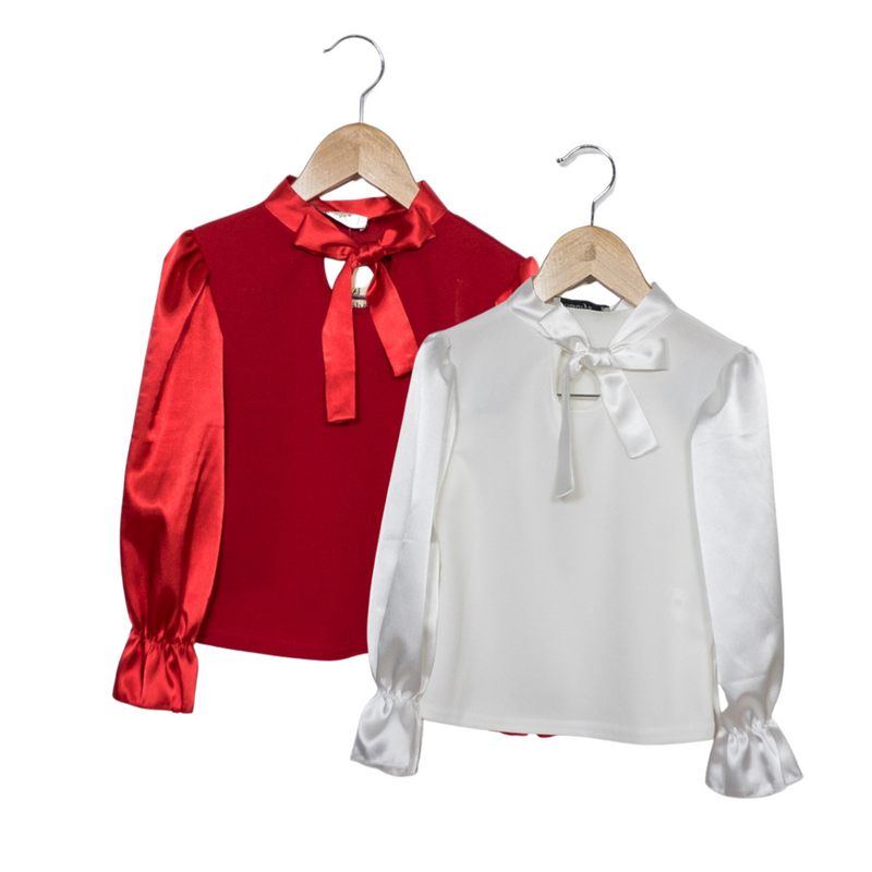 Girls Satin Puff Sleeve Blouse - Red or Ivory