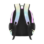 Backpack with colorful reflective straps on a white background