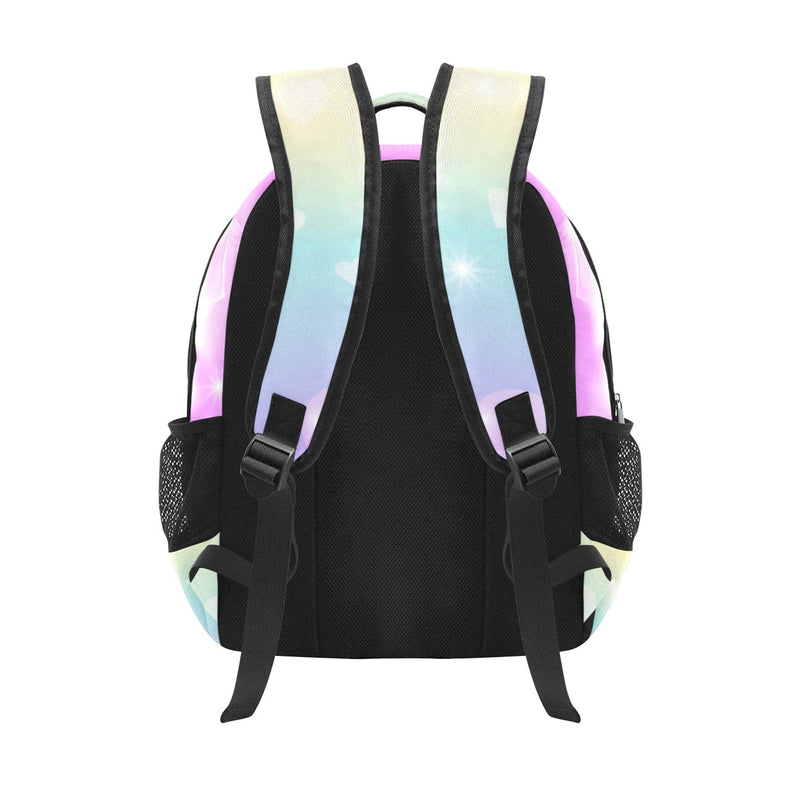 Backpack with colorful reflective straps on a white background