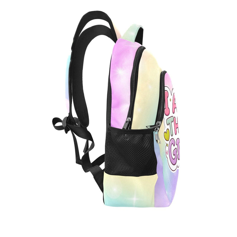 Multicolored backpack with a black strap on a white background