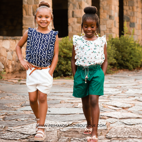 2pc Navy Floral Top/White Short Set