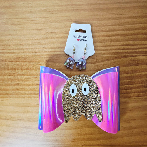 Cute Acrylic Ghost Earrings & Holographic Hair Bow Set – Halloween or Everyday Fun