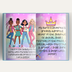Journal with colorful illustration of four girls and inspirational text on a white background