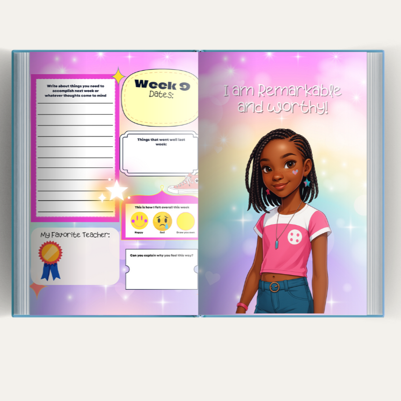 Journal pages with black girl character 
