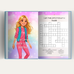 Book open to a page with a cartoon girl and crossword puzzle on a colorful background