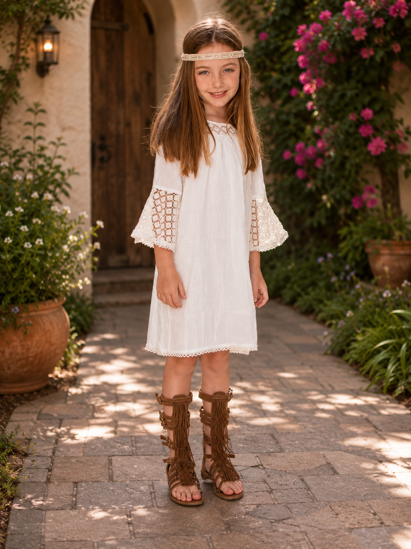 Girls Cream Lace Wide Sleeves Midi Dress 8-9