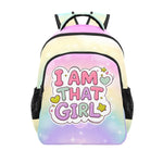 Backpack with 'I AM THAT GIRL' text on a gradient background