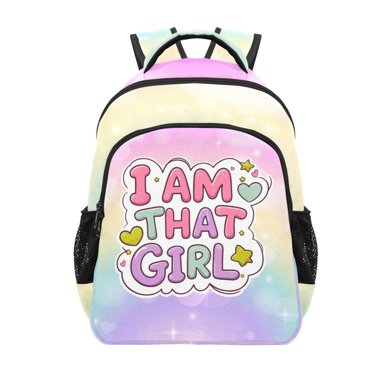 Backpack with 'I AM THAT GIRL' text on a gradient background