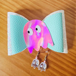 Cute Acrylic Ghost Earrings & Holographic Hair Bow Set – Halloween or Everyday Fun