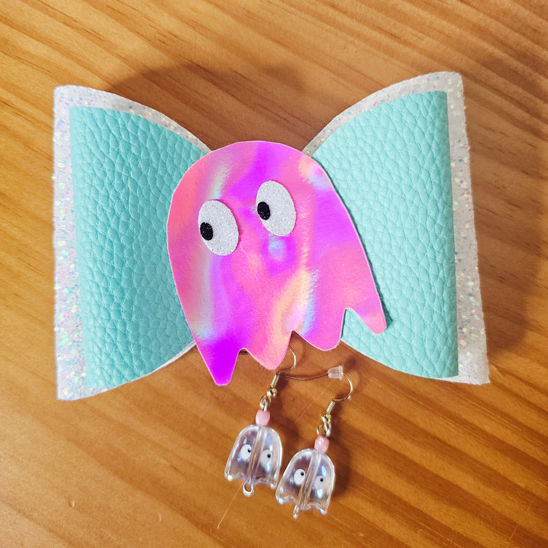 Cute Acrylic Ghost Earrings & Holographic Hair Bow Set – Halloween or Everyday Fun
