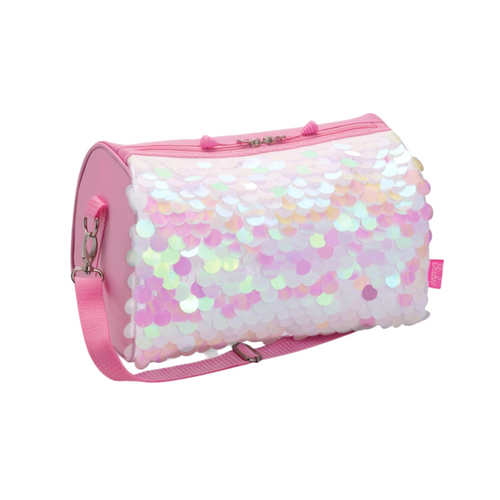 A pink and white sequin duffle bag with holographic sequins and a zipper.