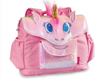 Pink unicorn backpack with a gold horn on a white background