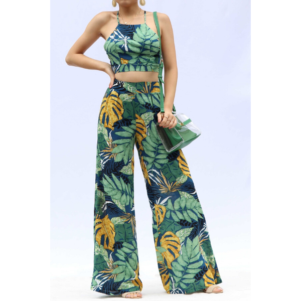 Navy and Green Tropical Leaf Print Wide Leg Pants with Halter Top