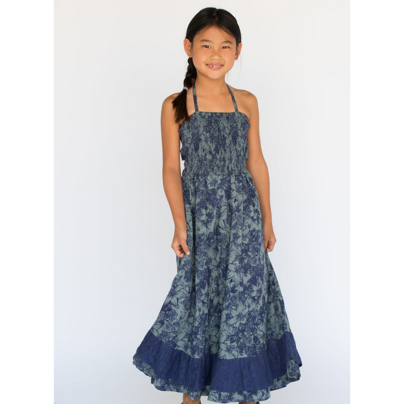 Girls Tropical Blue Tie Back Halter Maxi Dress