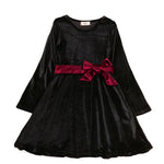 Girls Black Velvet Dress with Burgundy Belt