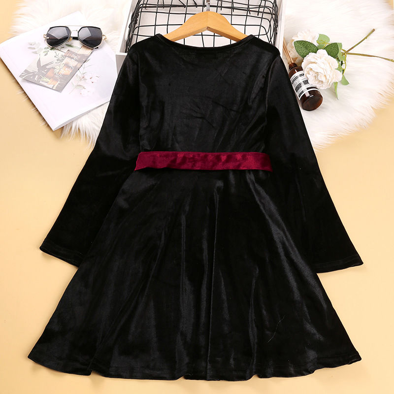 Girls Black Velvet Dress with Burgundy Belt