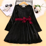 Girls Black Velvet Dress with Burgundy Belt