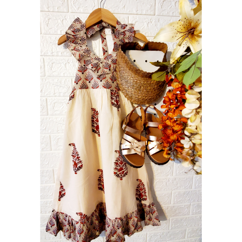 Boho Leaf Print Maxi Halter Dress