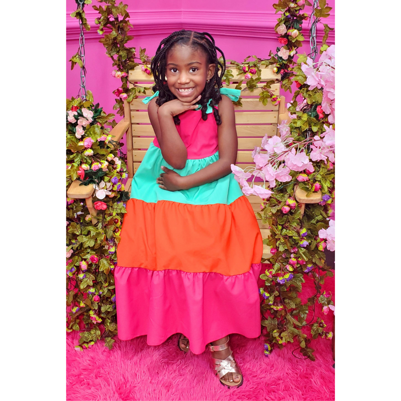 Girls Color Block Maxi Dress with Tie Up Straps