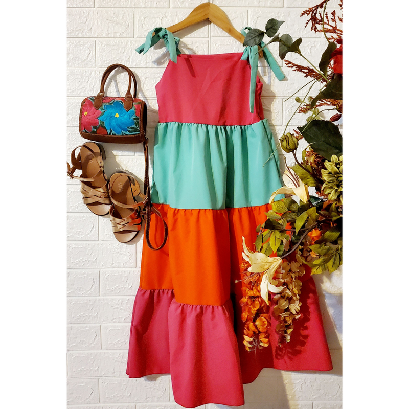 Girls Color Block Maxi Dress with Tie Up Straps