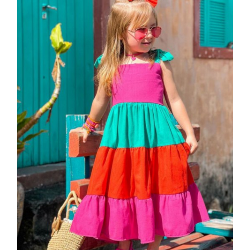 Girls Color Block Maxi Dress with Tie Up Straps