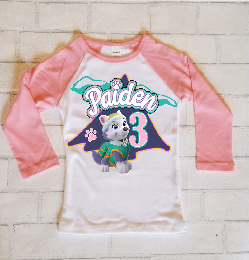 Custom Skye or Everest Pink Raglan Birthday Raglan Tshirt, Sizes 2T - 6