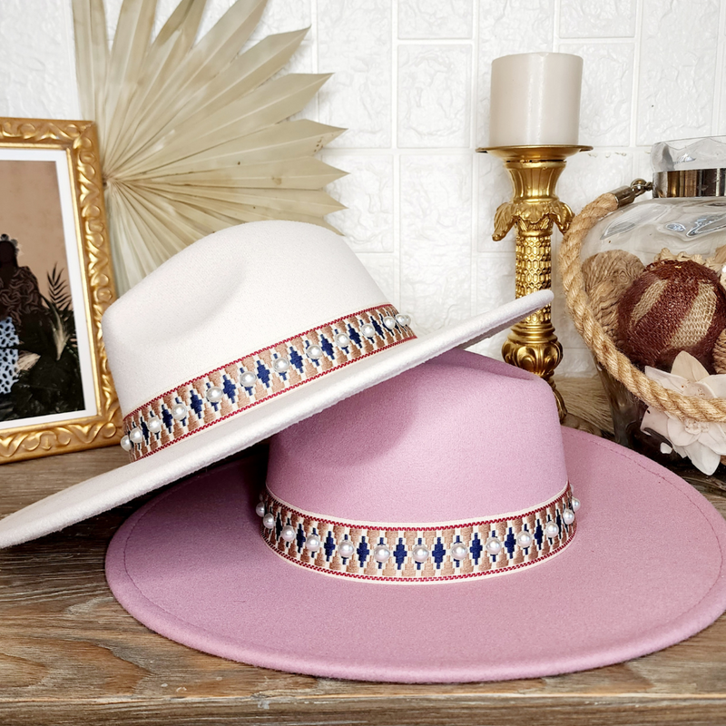 Wide Brim Pearl Band Fedoras Pink or Ivory