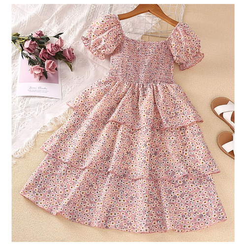 Girls Tiered Puff Sleeve Floral Print Dress