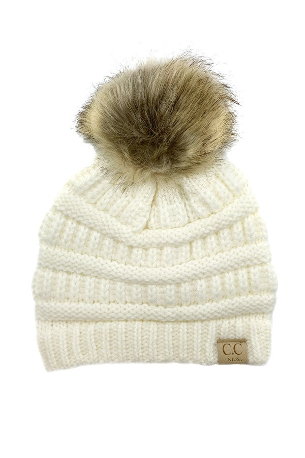 Kid's CC Beanie Hats with Fur Pom-Pom