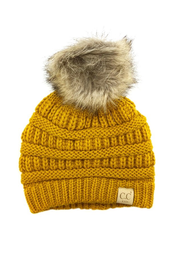 Kid's CC Beanie Hats with Fur Pom-Pom