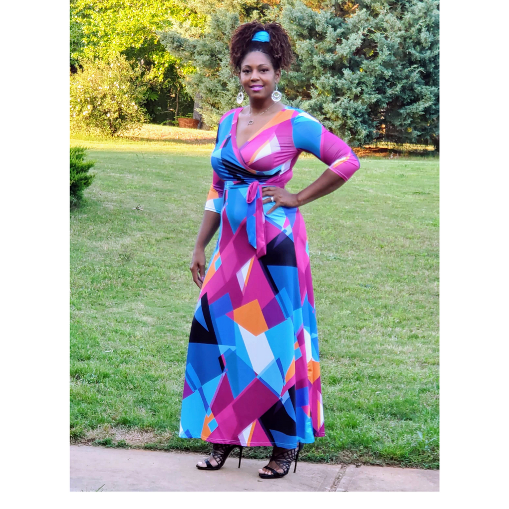 Colorful Geometric 3/4 Sleeve V-Neck Maxi Dress L-2xl 2XL