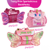 Three pink mini backpacks designed as a butterfly, unicorn, and fairy with wings, each with a 'Tasty Prim' and 'Sparklelicious' text, and a size of 24x17x7 inches indicated.