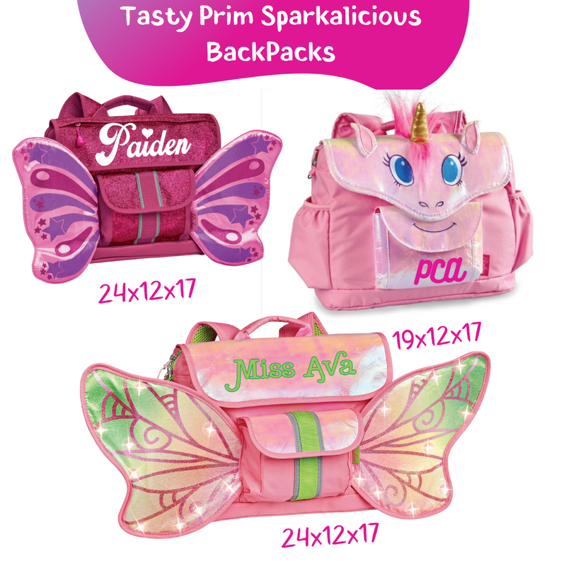Three pink mini backpacks designed as a butterfly, unicorn, and fairy with wings, each with a 'Tasty Prim' and 'Sparklelicious' text, and a size of 24x17x7 inches indicated.