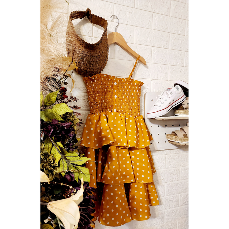 Prim Saucy Boutique Girls Mustard Polka Dot Cami Dress 5 6 120cm
