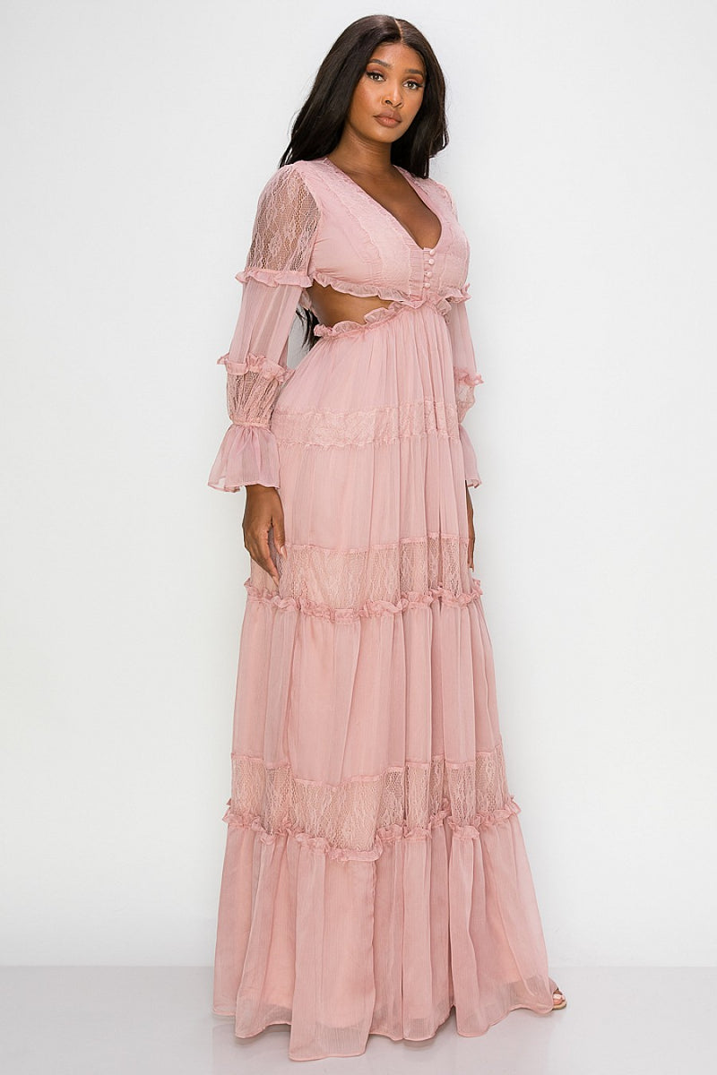 rose chiffon maxi dress Blushing Rose V-Neck Twisted Waist Chiffon Maxi Dress in Light Pink for Picnic Dates & Park Concerts Pink M