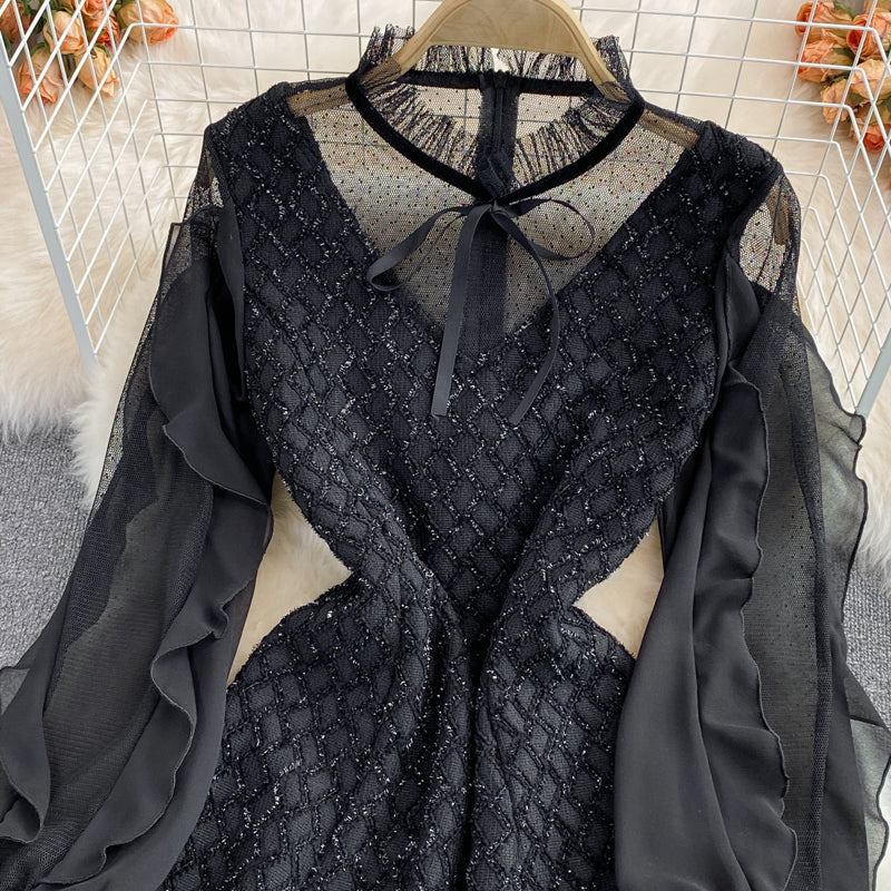 black holiday dresses Elegant Black Shimmery Tunic Holiday Dress S (4-6)