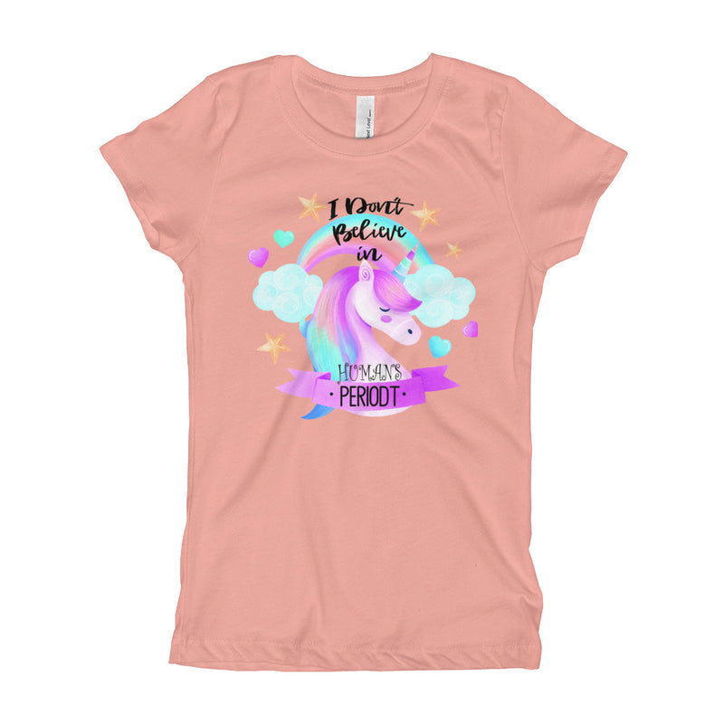 I Dont Believe in Humans, Funny Unicorn Girl's T-Shirt, Sizes XS - XL, 6 Colors