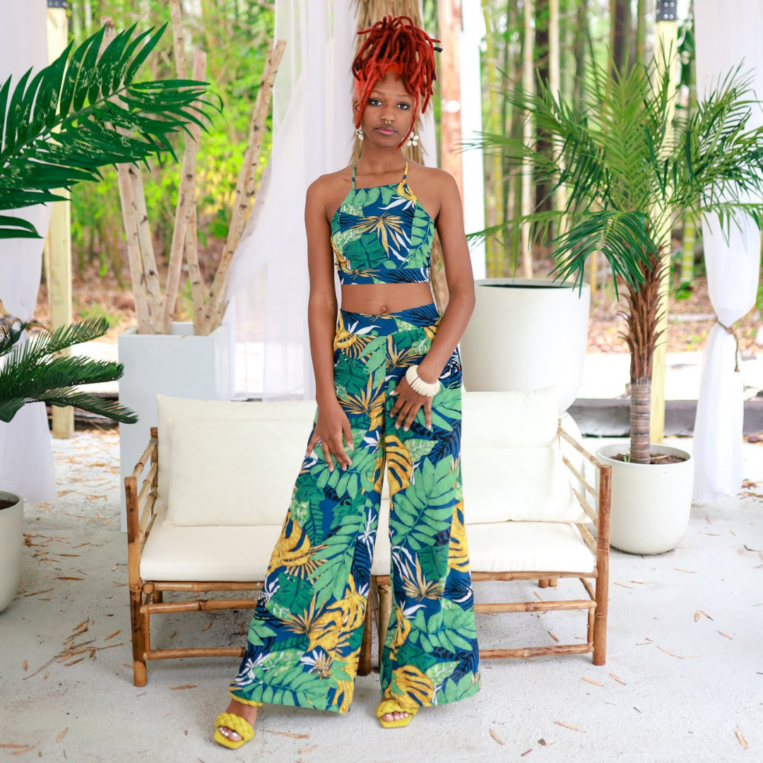 Navy and Green Tropical Leaf Print Wide Leg Pants with Halter Top